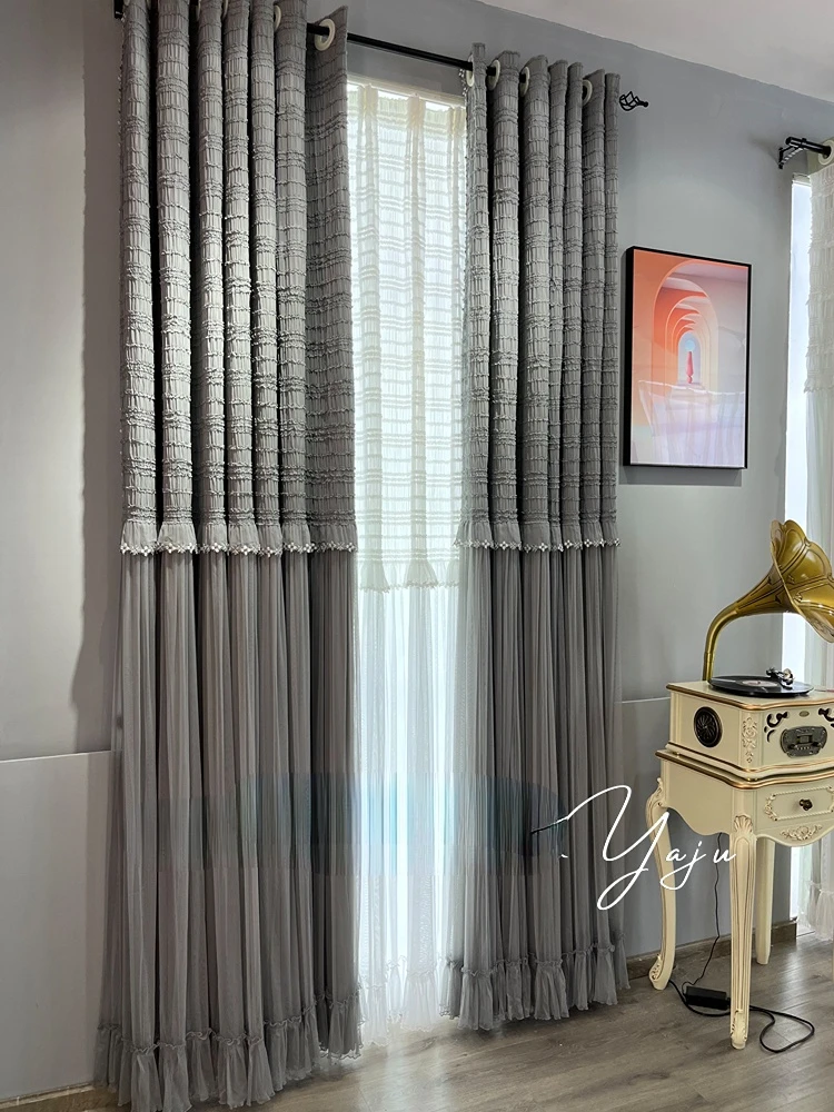 Grey high-end modern light luxury curtains living room bedroom blackout floor-to-ceiling window Korean lace princess wind custom