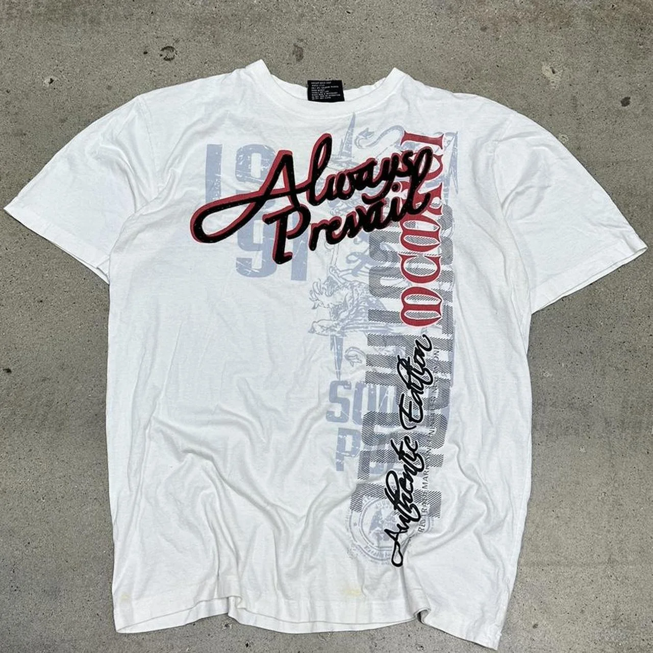 

Vintage Y2K Southpole Baggy Fit T Shirt for Men White with Red Gray Always Prevail Design Street Fashion
