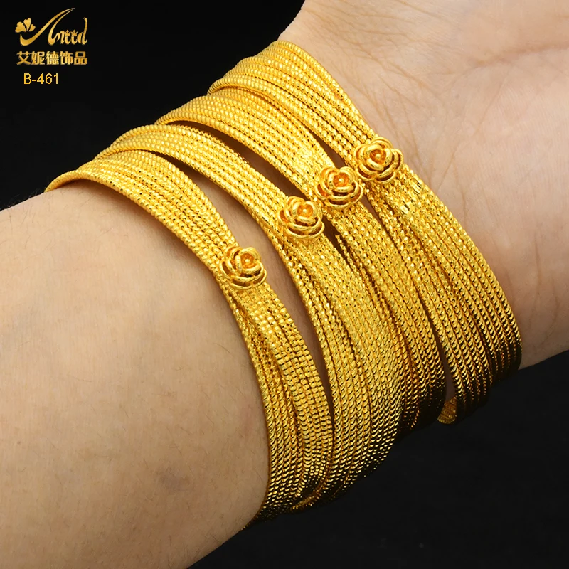 Luxury Flower Dubai Gold Color Bangles For Women 24K Gold Plated Indian African Bracelets Charm Wedding Ethiopian Arabic Jewelry