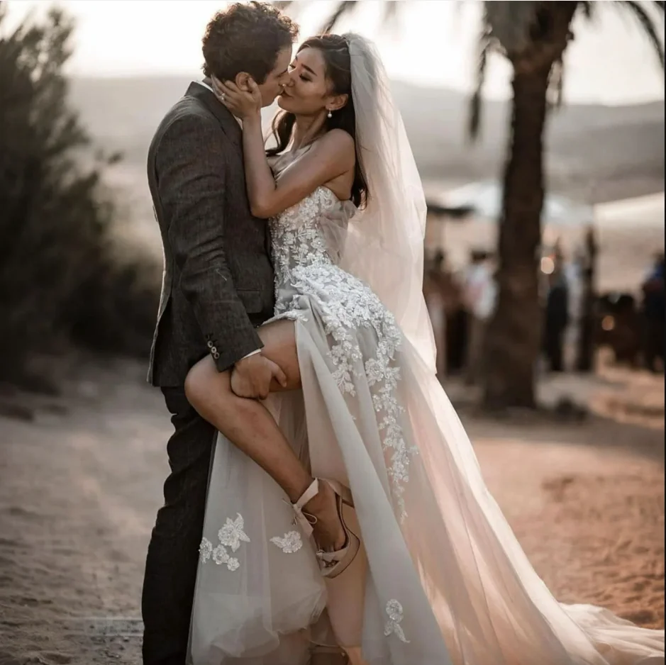 شاطئ بوهو فستان الزفاف للعروس حبيبته العنق المتدرج تول زي العرائس مثير عالية سبليت مطرز الدانتيل للزواج ل Af