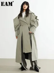 [EAM] Women Green Drawstring Irregular Big Size Long Trench New Lapel Long Sleeve Windbreaker Fashion Spring Autumn 2024 1DF3033