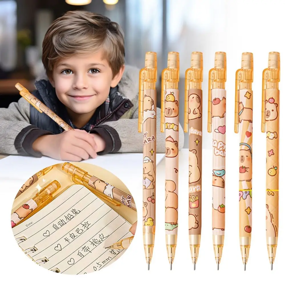 6PCS/Set 0.5MM Cartoon Capybara Automatic Pencil Children's Painting Press Pencil with Eraser Drawing Writing Tool Office