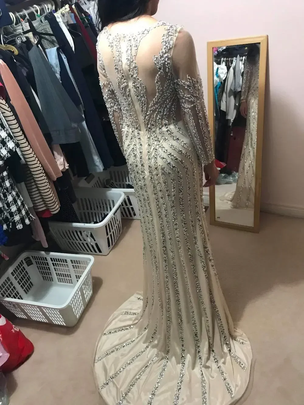 Classic Evening Dresses Women Elegant Alliques O Neck Mermaid Long Sleeves High Quality Floor Length Prom Party Female Gowns