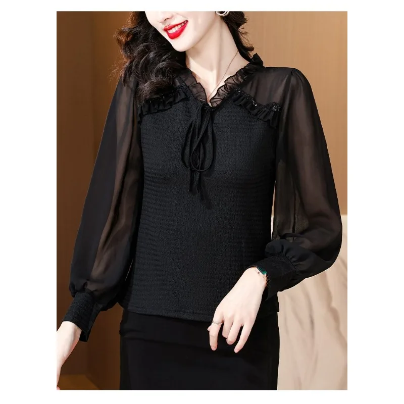 2025 الخريف والشتاء جديد الفرنسية الرجعية الشيفون الخصر الوقوف طوق بلوفر أنيق مزاجه عادية قاع للنساء #3