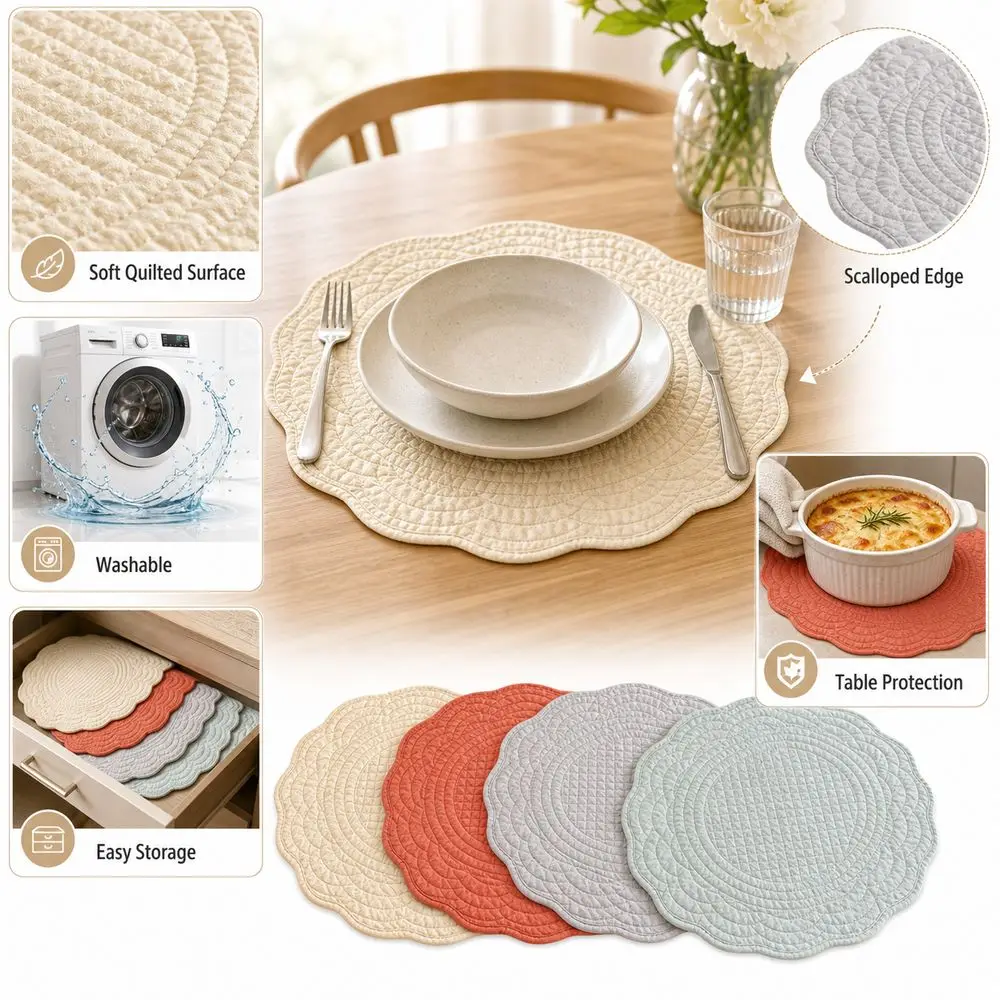 Gifts Cotton Round Placemats Scalloped Edge Prairie Chic Style Dining Placemats Washable Quilted Placemats Table Mats