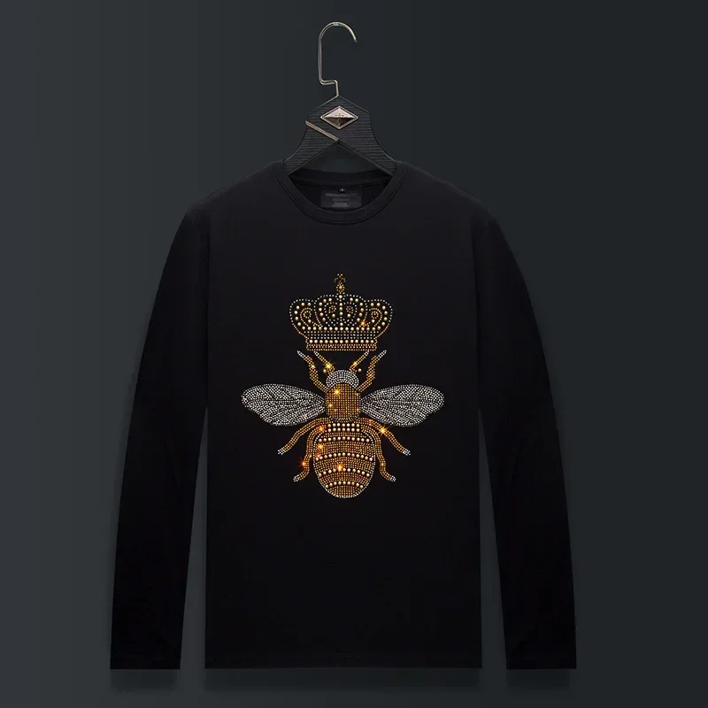 

Plus Size Bee Crown Rhinestones T Shirts Men Tops Fashion Streetwear O Neck Long Sleeve Slim Modal Cotton Tshirts Mens Clothing
