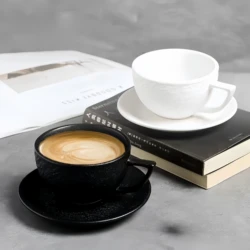 Coffee Mugs Set of 2 with Saucers, Black White Rock Music Gift for Men, Ceramic Latte Cups