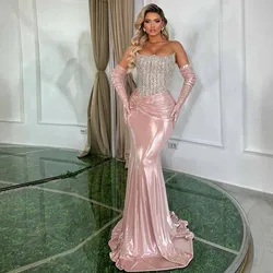 Luxury Evening Dresses 2025 Stretch Fabric Mermaid/Trumpet Prom Dress Pink Strapless Rhinestones/Crystals Pleat Celebrity Dress