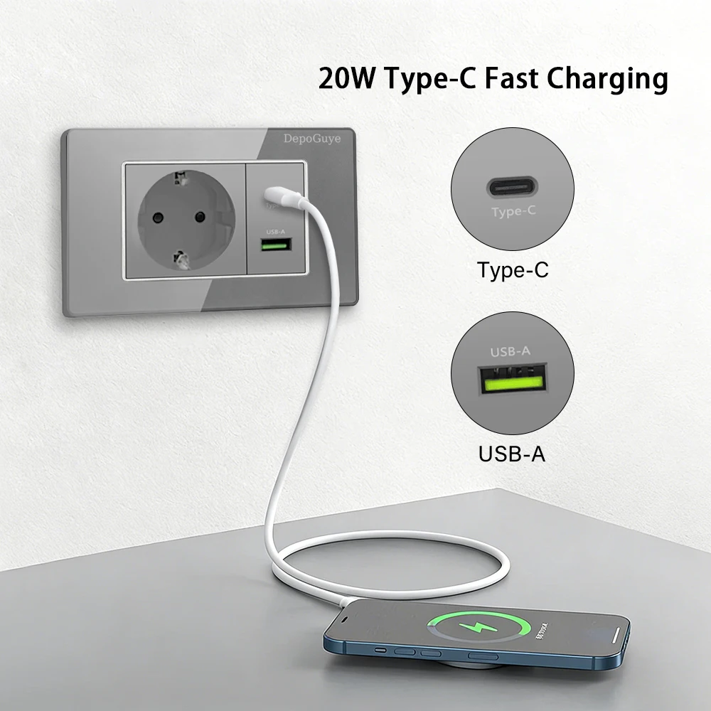 Type 118 Grey Tempered Glass Panel EU Wall Light Switch,Europe Wall Socket With USB Type-c 18W Quick Charge Outlet 118*75mm