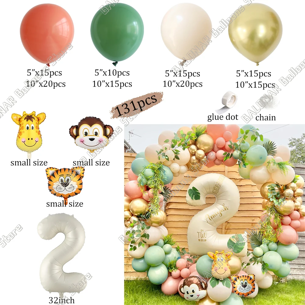 130/131pcs Jungle Safari Theme Balloon Garland With 32inch Cream Number Globos 1 2 3 Years Boy Birthday Party Baby Shower Decor