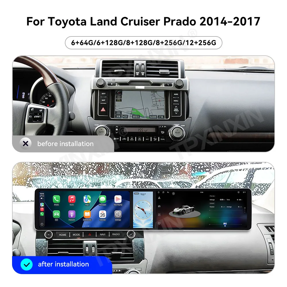 12.3+12.3 Inch Screen Car Radio For Toyota Land Cruiser Prado 2014–2017 Android Auto GPS Navigation Multimedia Stereo Head Unit