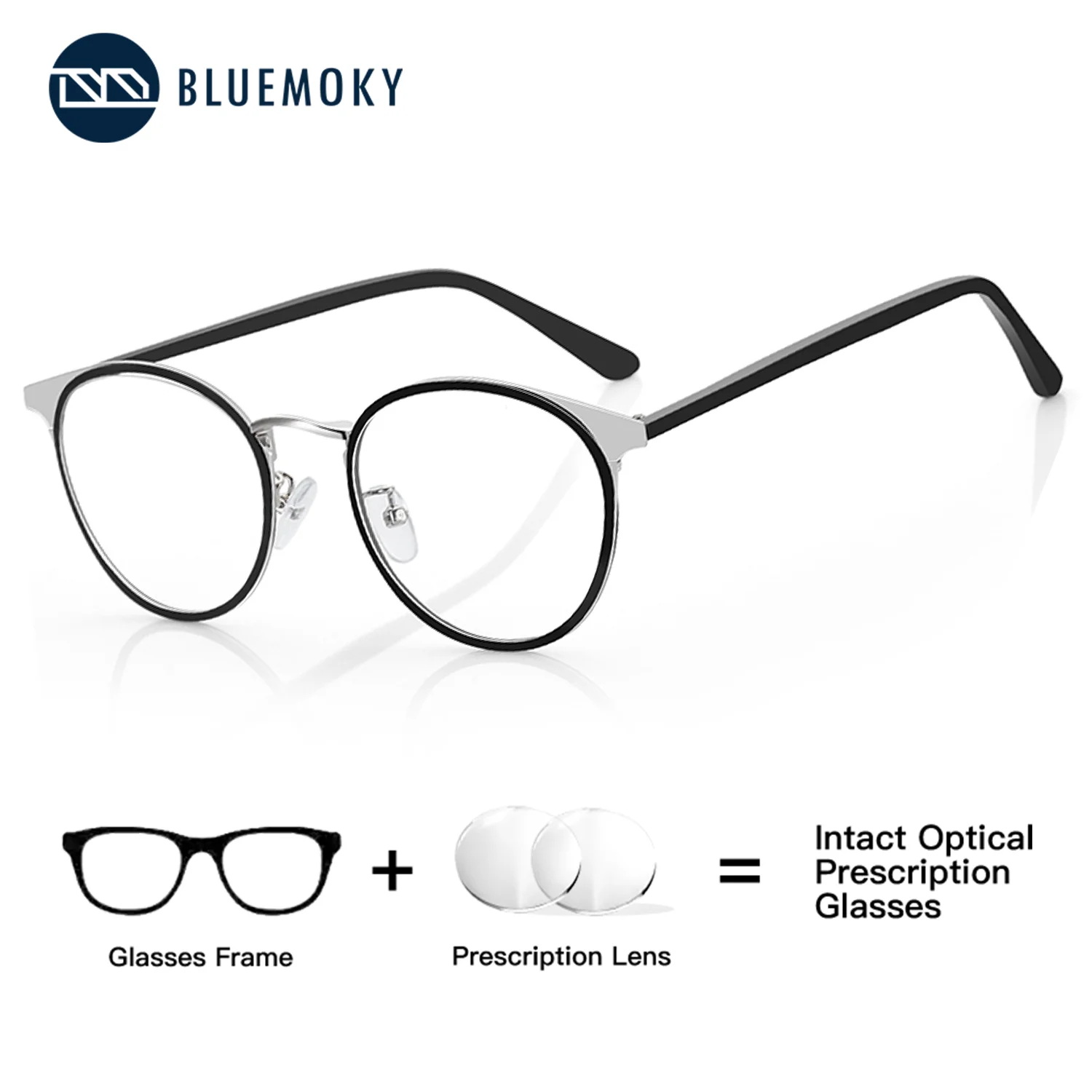 BLUEMOKY メタル円形カスタマイズされた度付きメガネ、男性用光学多焦点近視、抗ブルーライトフォトクロミックレンズ