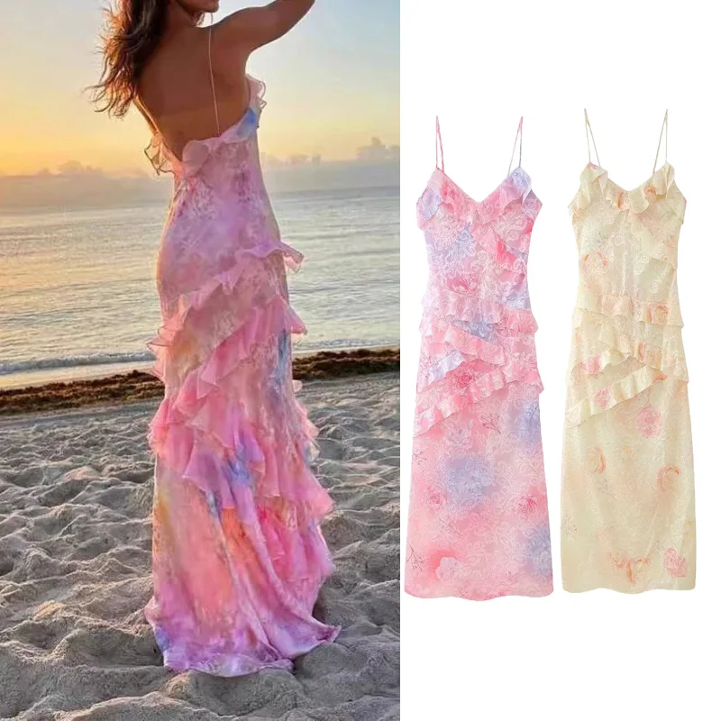 PRINTKAOIR Neues Damen-Kleid mit V-Ausschnitt, Rüschen, langes Kleid, modisch, ärmellos, Blumendruck, Hosenträgerkleid, lässig, rückenfrei, Sommerkleider