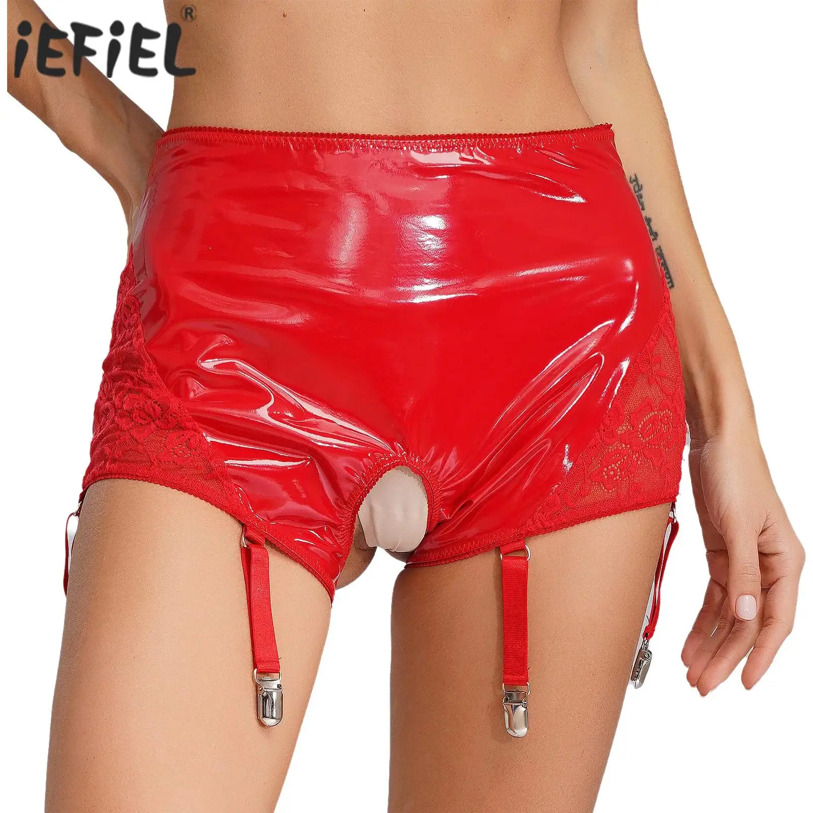 

Женское нижнее белье из искусственной кожи, шорты с высокой талией, сексуальные кружевные трусы с промежностью для взрослых, трусики с шестью зажимами для подвязок