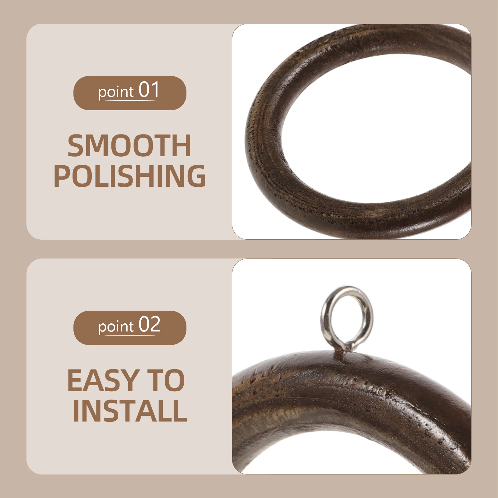 6 Pcs Circular Curtain Ring Black Out Sturdy Wooden Rod No Drill Coffee Drapery Rings Rods