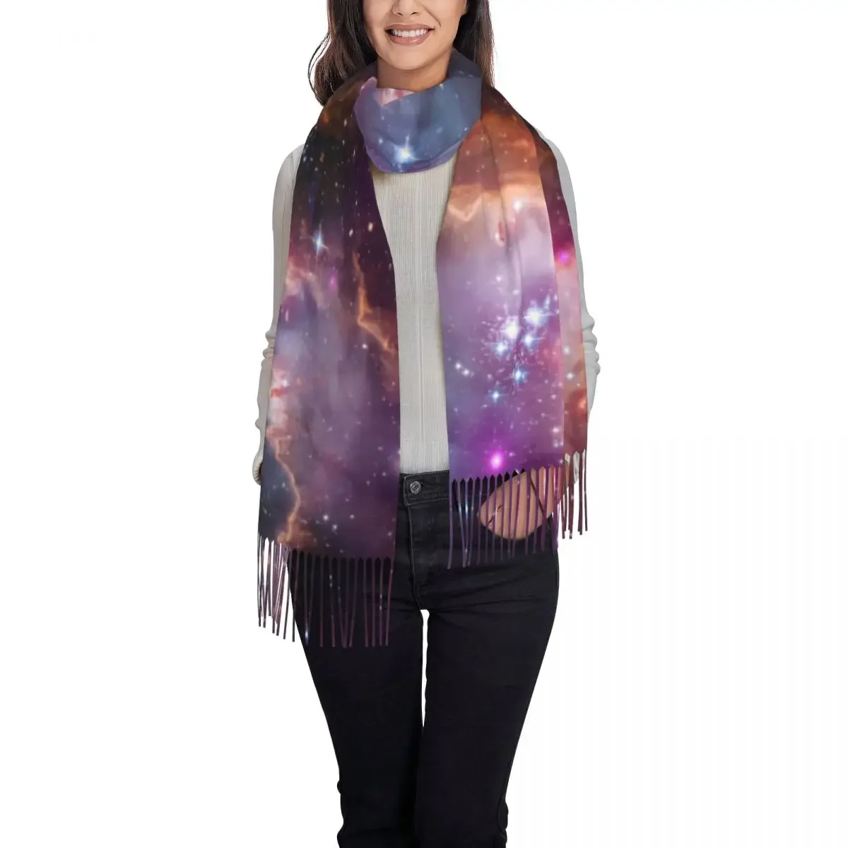 Space Print Scarf Women Galaxy Stars Scarves Wraps with Long Tassel Winter Popular Shawls and Wrap Keep Warm Custom DIY Bufanda