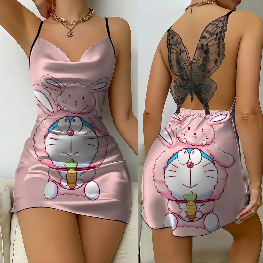 

Cute cartoon pattern printed Doraemon sexy slim women's butterfly lace backless dress slimming suspender skirt