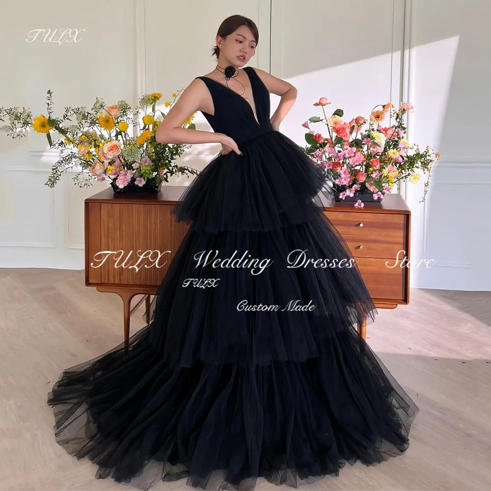 TULX Abito da sera di lusso con scollo a V profondo Abiti da festa in tulle nero Lunghezza pavimento Corsetto a strati Abiti da sposa per eventi personalizzati 2025