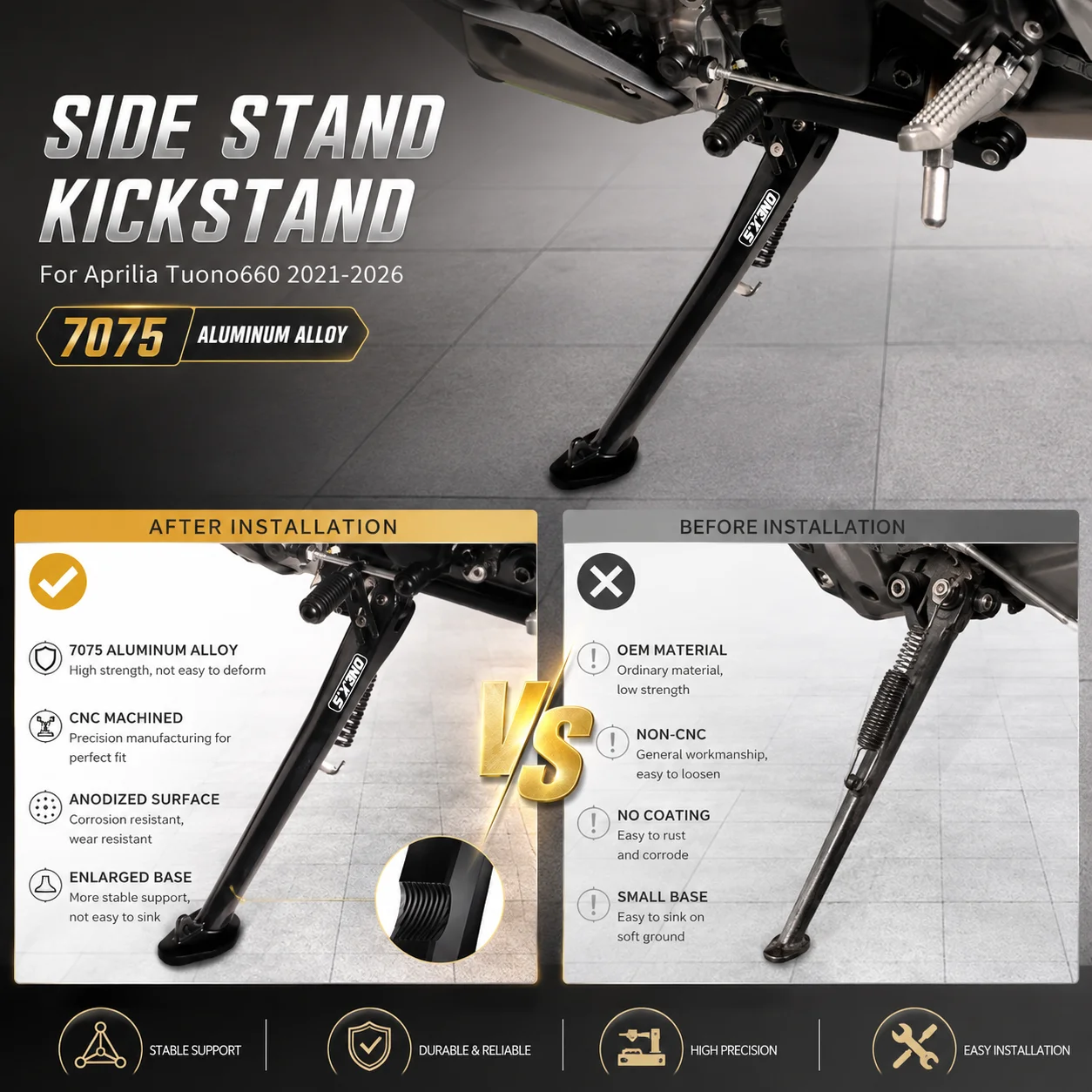 

RS660 7075 Aluminum Motorcycle Side Stand Foot Plate Kickstand Extension Pad Enlarger for Aprilia Tuono 660 2021-2026