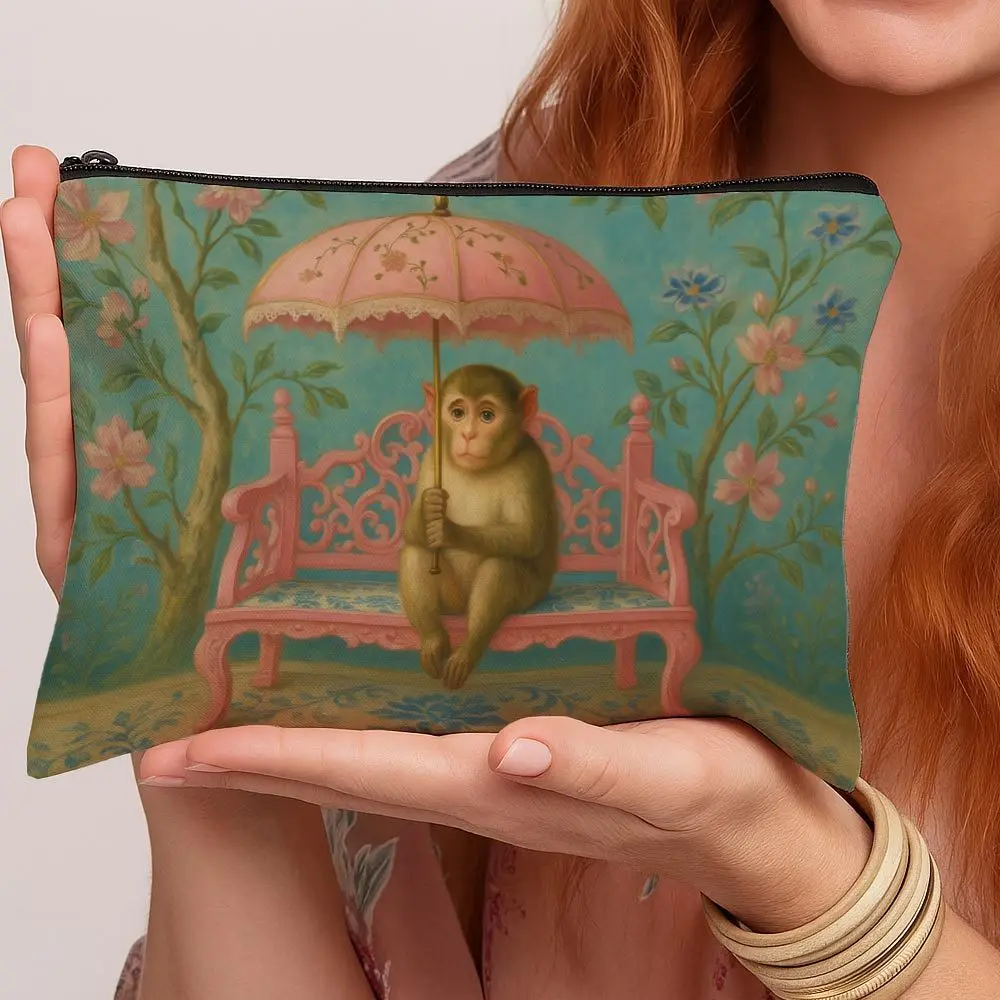 Whimsical Vintage Toiletries Bags Cute Pattern Monkey Bench Floral Pastel Makeup Bags  Large Capacity Multifunctional Travel Bag