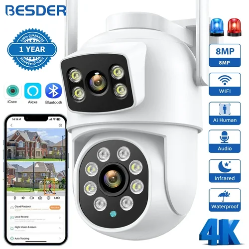 BESDER-cámara PTZ 4K con Wifi y 8mp para exteriores, pantalla Dual, detección humana, lentes duales, 4MP, protección de seguridad, IP, Audio, aplicación iCSee