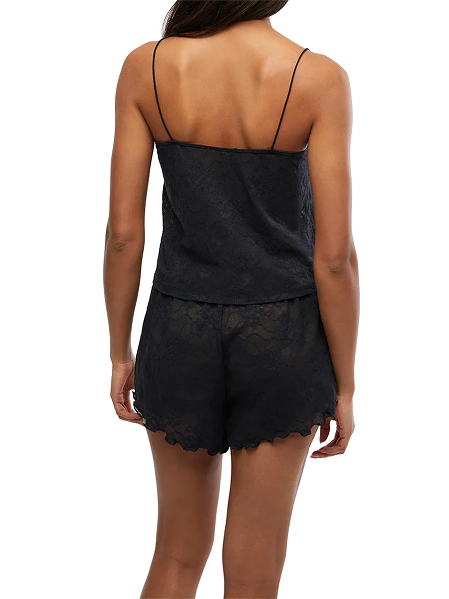 Women s Floral Lace Sleeveless Cami Top and Sheer Shorts Set for Summer Lounging and Sleepwear