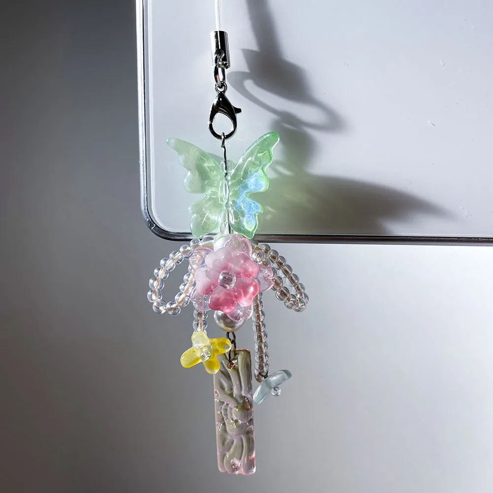 Flower Butterfly Phone Chain Charm Fairycore Green Pink Beaded Keychain for Wallet Camera Decor Cute Keyring Jewelry Girl Gift