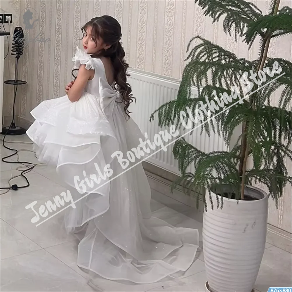 ホワイトふわふわ半袖リボンフラワーガールドレス結婚式用チュールプリンセス誕生日初聖体ドレス