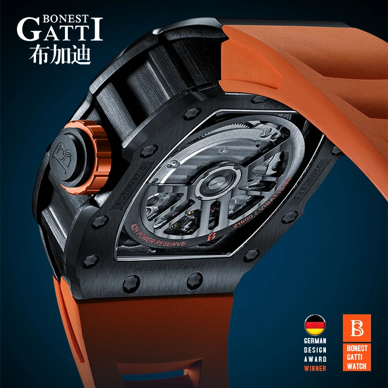 BONEST GATTI ผู้ชายนาฬิกาอัตโนมัติ 43 มม.* 51 มม.Tonneau นาฬิกาข้อมือกันน้ํา Sapphire Lume Fluororubber Whirlwind Dial