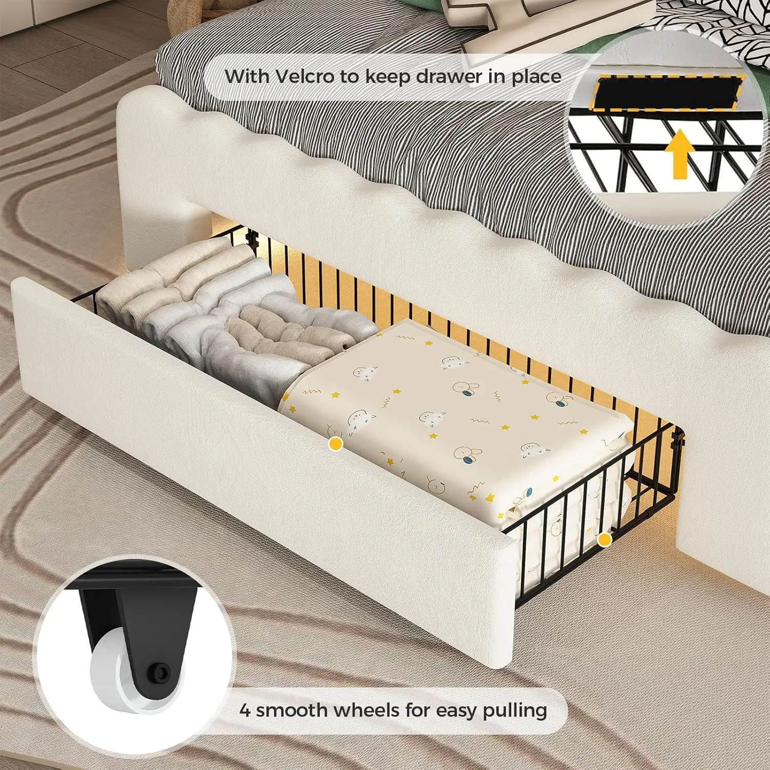 LED Twin Bed Frame with Storage Drawer and Charging Station, Crown Bed with Adjustable Double Butterfly Headboard, Upholstered