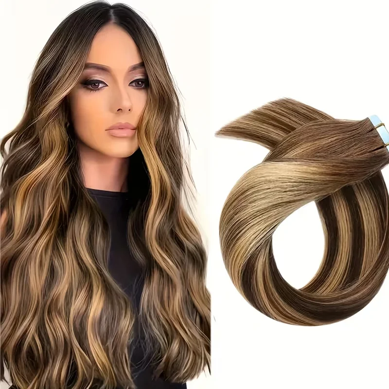 Chocolate Brown To Caramel Blonde Seamless Tape in Hair Extensions Human Hair 50G/Lot Straight Tape in Extensions 14-22 Inch