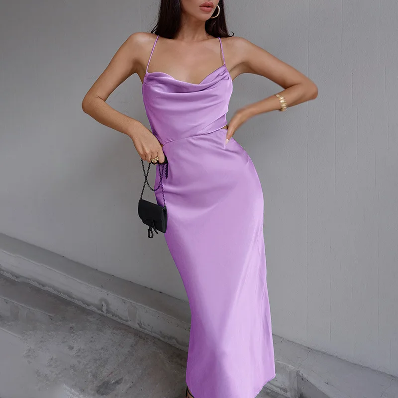 Jocoo Jolee Summer Elegant Backless Purple Satin Dress Straps Silk Sexy Bodycon Lace Up Female Dresses Chic Party Designer 2022