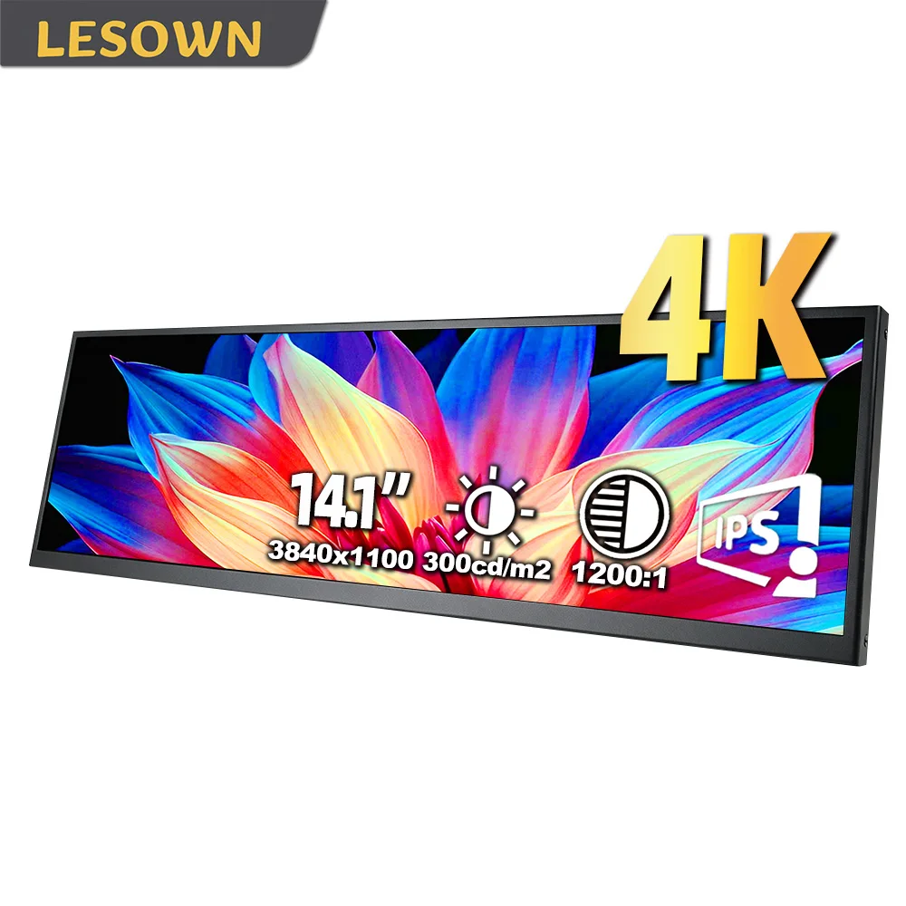 LESOWN Auxiliary Display 14.1" 3840x1100 Stretched Strip IPS Monitor 4K Touchscreen with HDMI USB-C for Aida64 System Monitoring