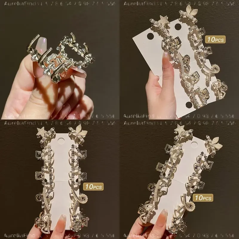 10 Pcs Mini Alloy Rhinestone Bow Hair Clips Korean Style Small Barrettes Cute Bangs Hair Accessories For Girls Princess Hairstyle Daily Party Wear