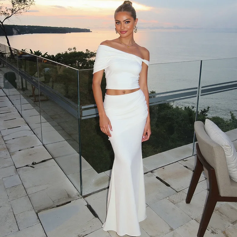 

Gtpdpllt Сексуальные женские комплекты из 2 предметов с рюшами, укороченный топ и длинная юбка нестандартной формы, костюм с юбкой с высокой талией, новые летние наряды