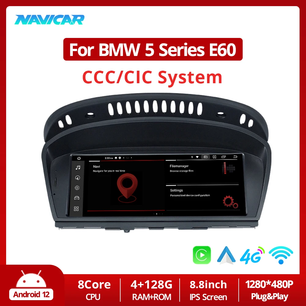 NAVICAR 8.8'' GPS Android 12 Car Radio For BMW 5 Series E60 E61 E63 CCC/CIC System Carplay Multimedia Player 1280*480P Bluetooth