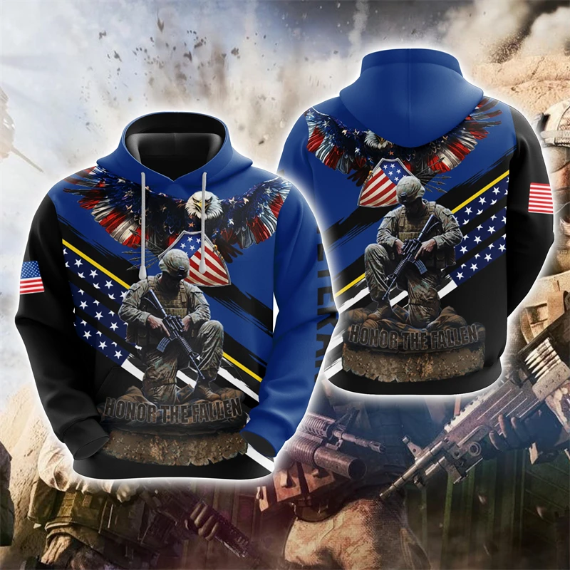 

US Veteran Graphic Sweatshirts America Soldier 3D Print Hoodie For Men Clothes Animal USA Flag Eagle Tracksuit Casual Boy Tops