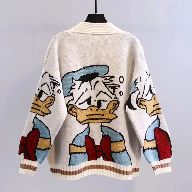 Disney-Cardigã de malha pato Donald feminino, suéter bonito dos desenhos animados, casacos casuais, casacos soltos, cardigã de manga comprida, mulheres