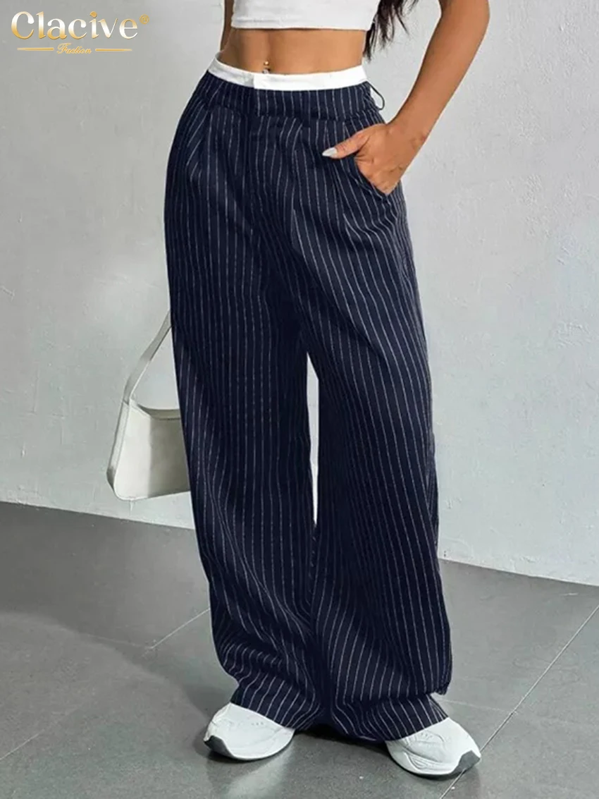 Clacive Fashion Loose Stripe Women's Pants 2025 Casual Mid Waist Wide Trousers Elegant Classic Full Length Pants Female Clothing