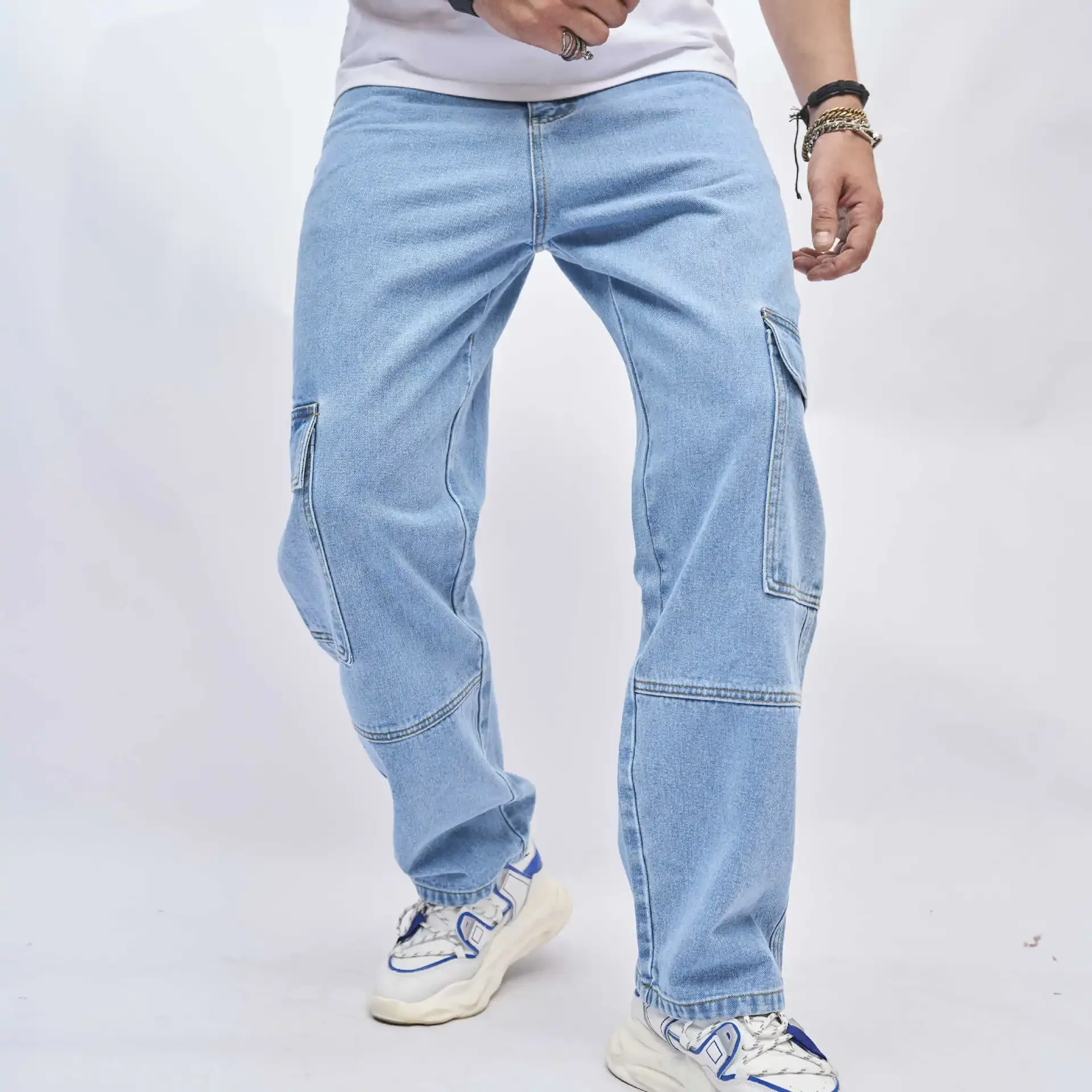 

Pop 2024 Men's New Style Solid Color Multi-pocket Jeans, American Trendy Loose High Street Wide-leg Fashionable All-match Long P