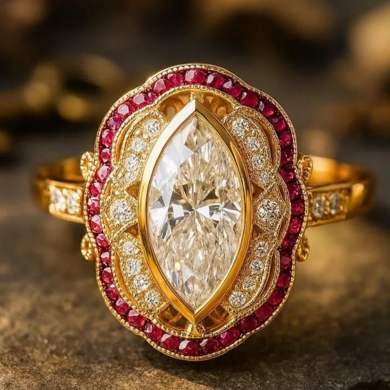 Luxuriöser Eingelegter Rosa-Weißer CZ Damenring Trendiger Goldfarbener Geometrischer Ring für Tägliches Tragen und Partys Schmuck Jubiläumsgeschenk