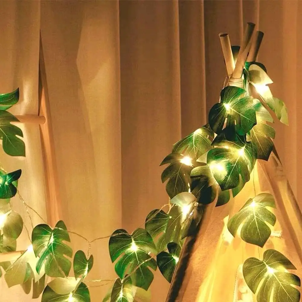 Artificial Tropical Palm Leaves String Lights 20 LED Wall Hanging Green Vine Leaf for Jungle Theme Beach Wedding Home Decor