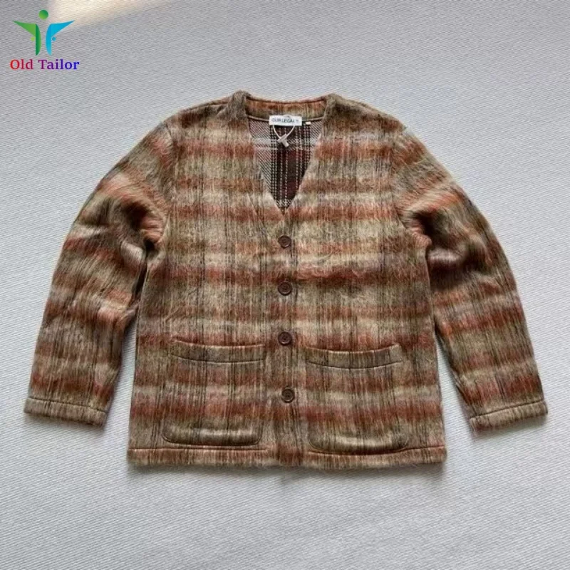 24SSOur Legacy Best Quality Mens Womens Brown Plaid Cardigan Wool Blend Knit Sweater V-Neck Fashion Jacket