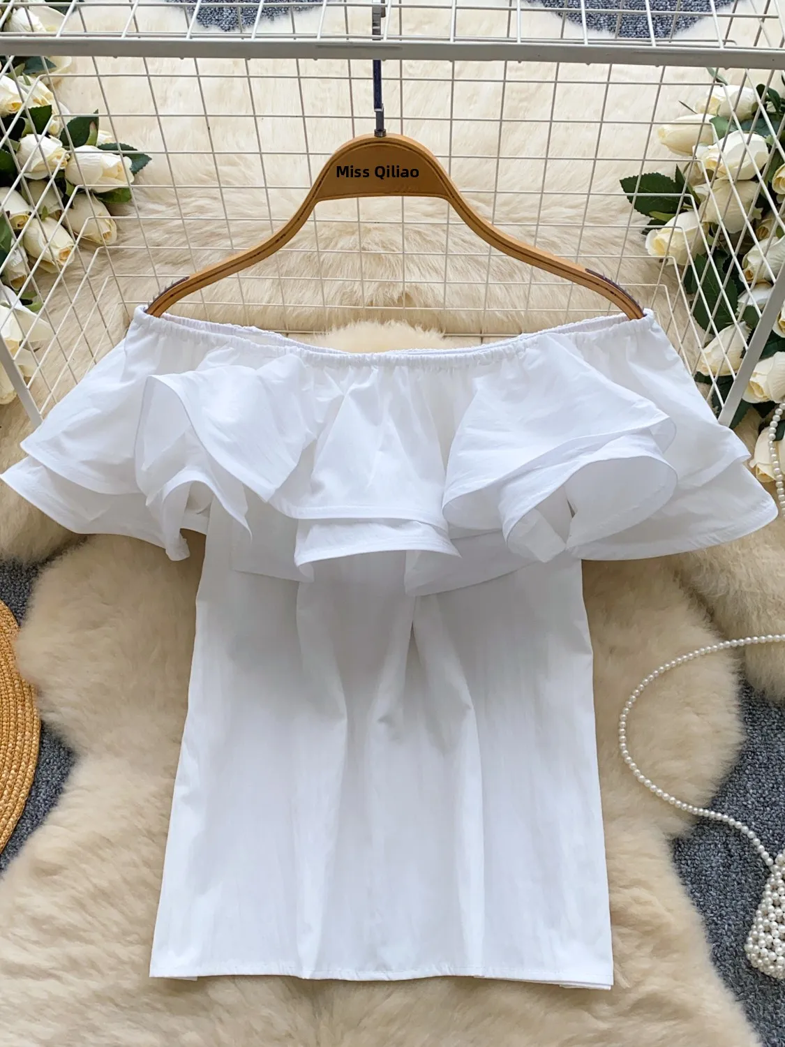 Csa de Dama de  con Hombros Descubiertos, Estilo Dulce y Chic, Verano 2025, Estilo Coreano, Corte Hoado, Manga Cort...