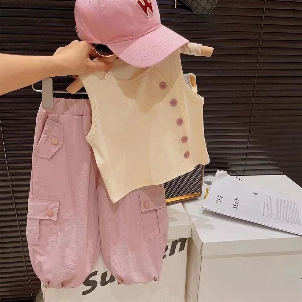 Fashion Street Style Girl Casual Clothes Summer 2025 Round Neck Sleeveless Button Down Vest+pocket Pants Two-piece Set