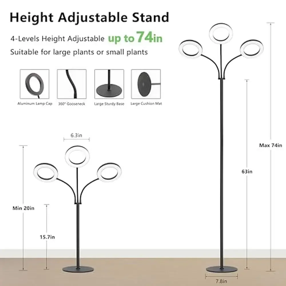 Full Spectrum LED Grow Light with Adjustable Height 3 Heads Halo Plant Lamp Stand 243 LEDs 3 Lighting Spectrum 10 Brightness