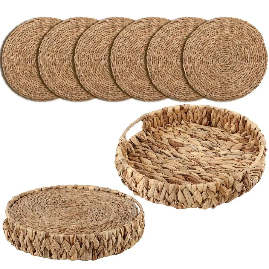 

Placemats Set of 6 and Storage Basket, 12 Inch Farmhouse Cattail Plate Chargers Set with Rattan Wicker Holder, Braided Straw Rou