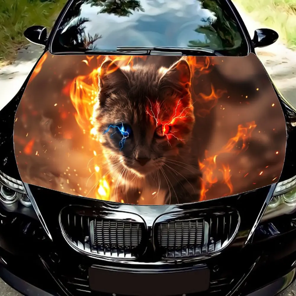 Red Eyes Cat Walking in Flames Car Hood Wrap Color Vinyl Sticker Truck Graphic Bonnet DIY Auto Accessories Decoration Decal Gift