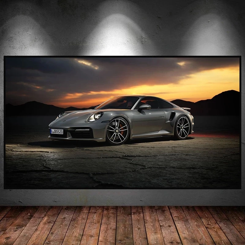 Sunset Silver Gray cool Car Poster Landscape Canvas Painting Wall Art Print Picture for LivingRoom Bedroom Modern Home Decor