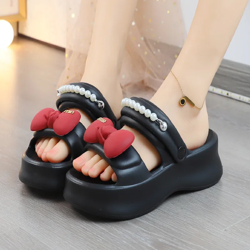 

New 5.5cm platform slipper women chunky beach sandal outdoor travel clogs shoes bowknot chain deco vacation shoes woman slides